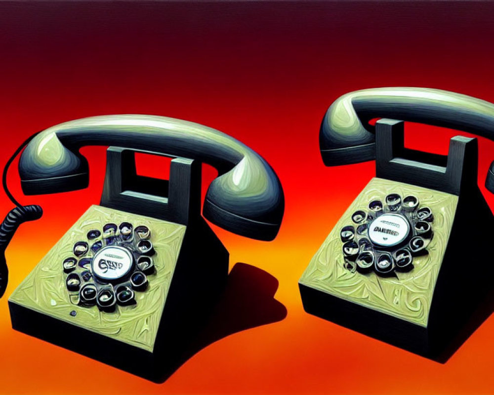 Vintage Rotary Telephones with Off-Hook Receivers on Orange-Red Gradient Background