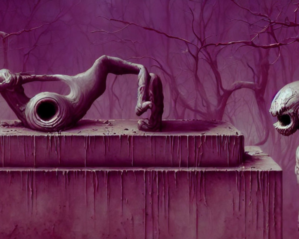 Surreal alien-like creatures in misty purple landscape