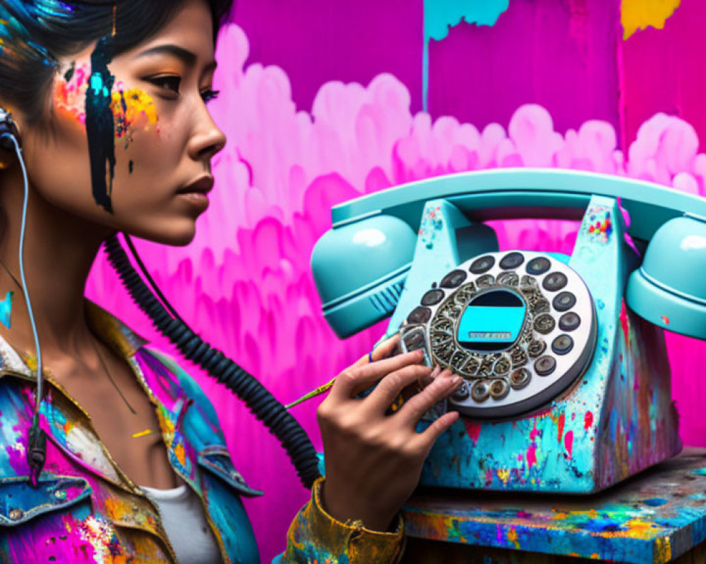 Colorful Makeup Woman with Blue Telephone Against Graffiti Backdrop