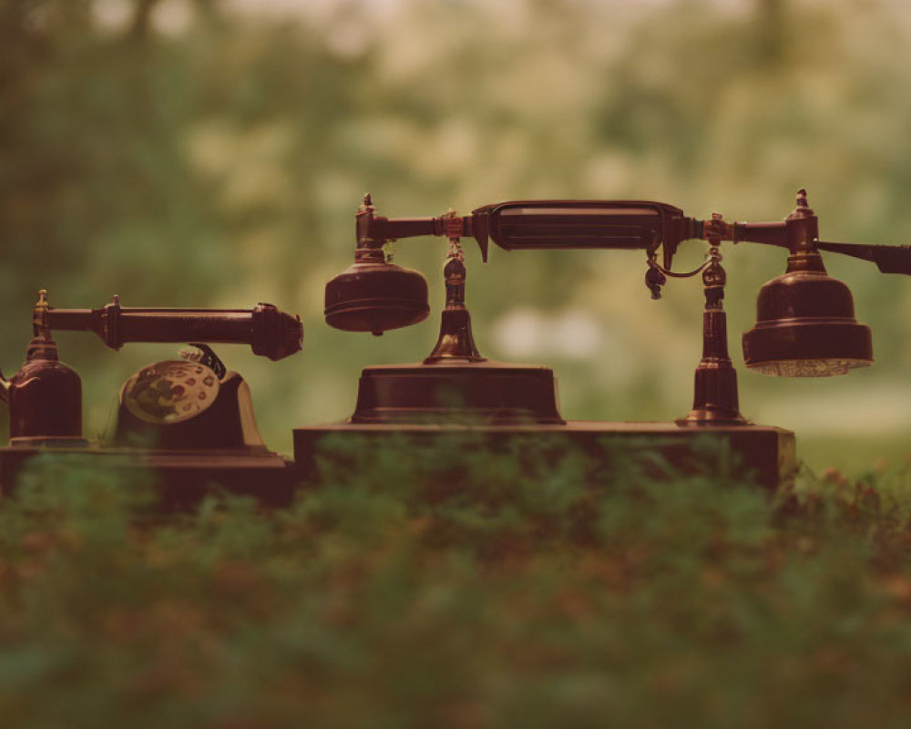 Vintage Telephone with Rotary Dial and Brass Details on Greenery Background