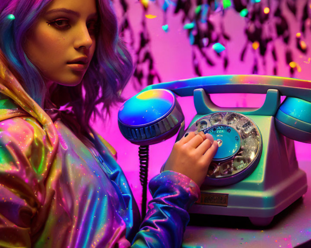 Colorful-haired person with blue retro telephone in pink neon room