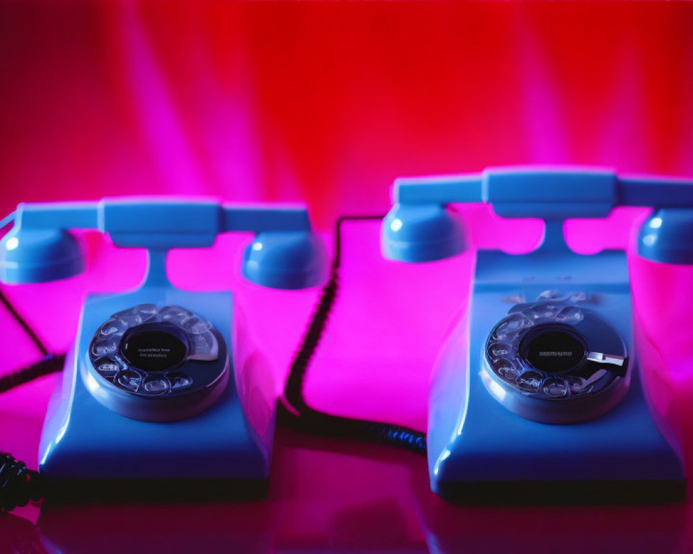 Vintage Blue Rotary Phones Illuminated by Neon Lights