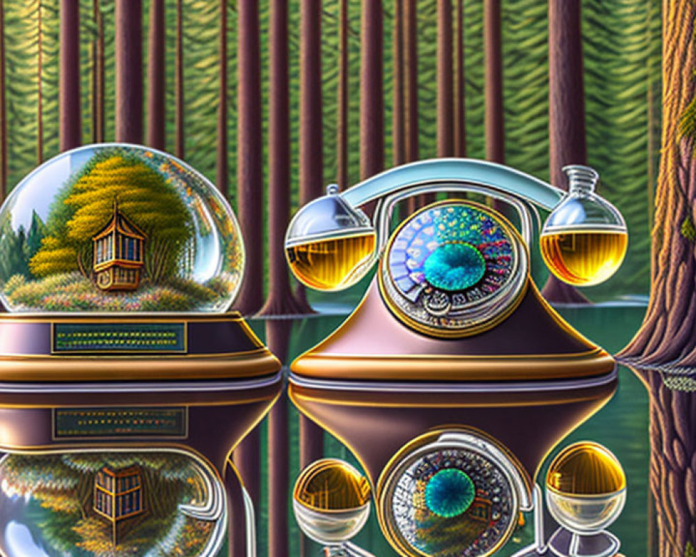 Surreal Artwork: Transparent Spheres in Stylized Forest