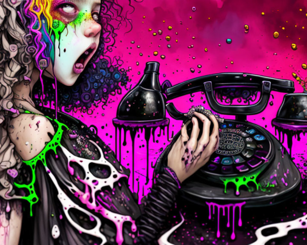 Colorful artwork: Person with rainbow hair and vintage telephone on vibrant pink and purple background.