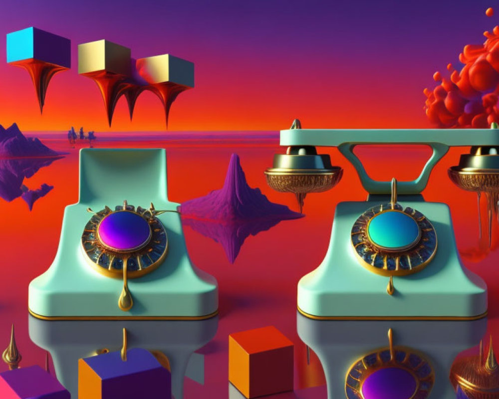 Vintage phone, geometric shapes, mountains in surreal sunset scene