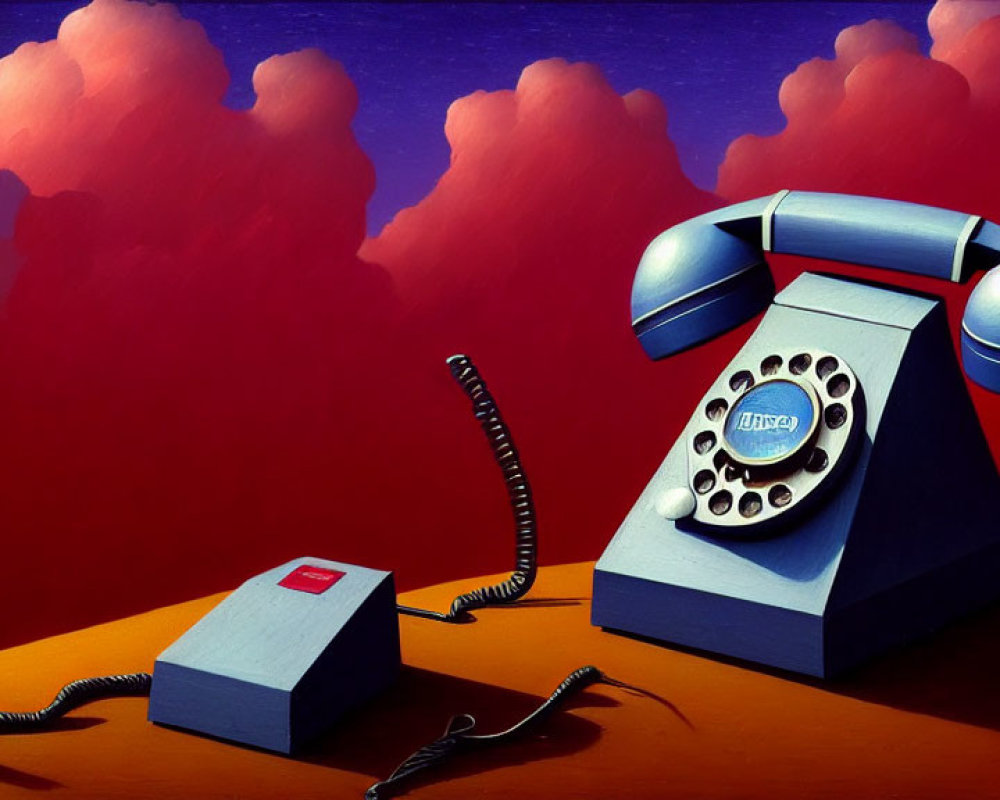 Vintage blue rotary phone artwork on wooden surface with off-hook receiver, set against red clouds and purple sky