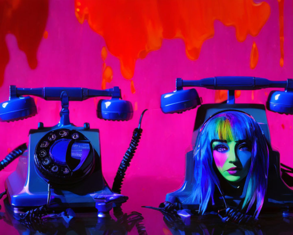 Vintage Telephones with Off-Hook Receivers on Dripping Pink Paint Background and Blue-Haired