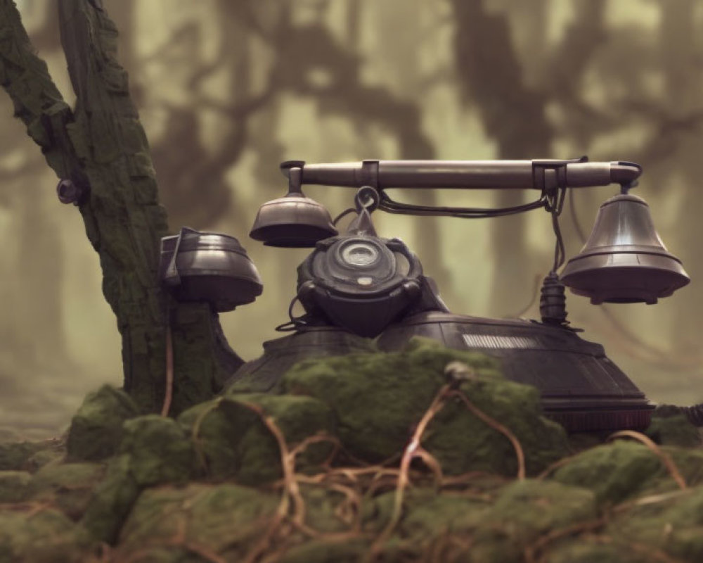 Vintage black rotary phone on mossy forest floor in foggy setting