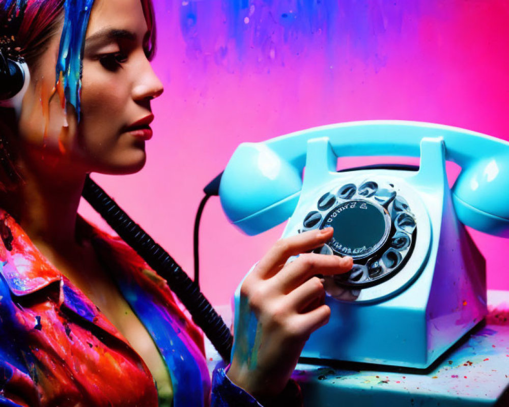 Woman with colorful paint splatters and headphones near vintage blue rotary phone on pink and blue backdrop