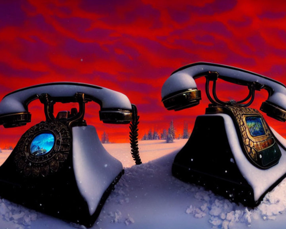 Vintage Telephones Covered in Snow with Red Sky and Snowy Landscape