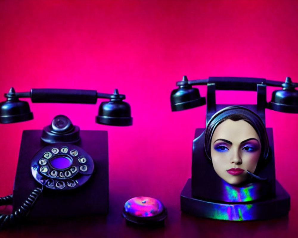 Vintage black rotary dial telephone and futuristic headpiece on red backdrop.