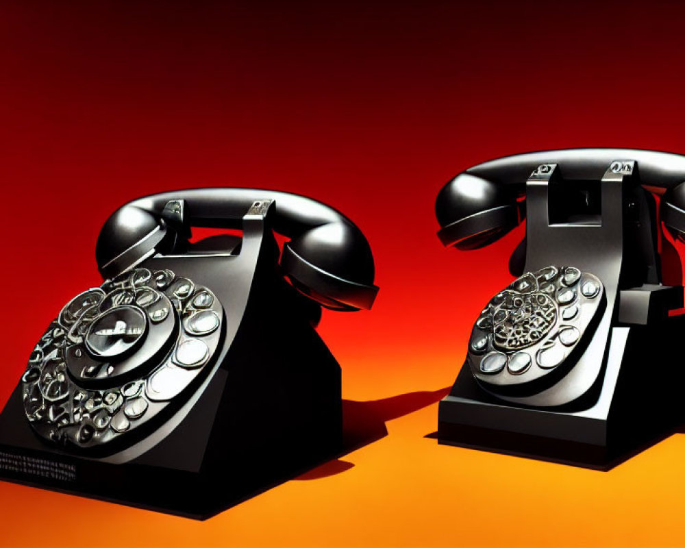 Vintage rotary dial telephones on orange background, facing left and right