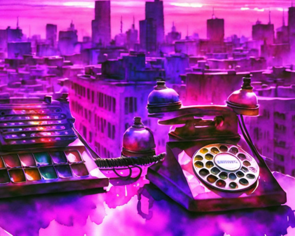 Purple Cityscape with Vintage Telephone and Cash Register at Sunset