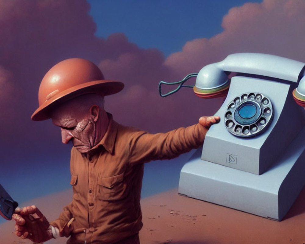 Elderly character in desert with giant rotary dial telephone