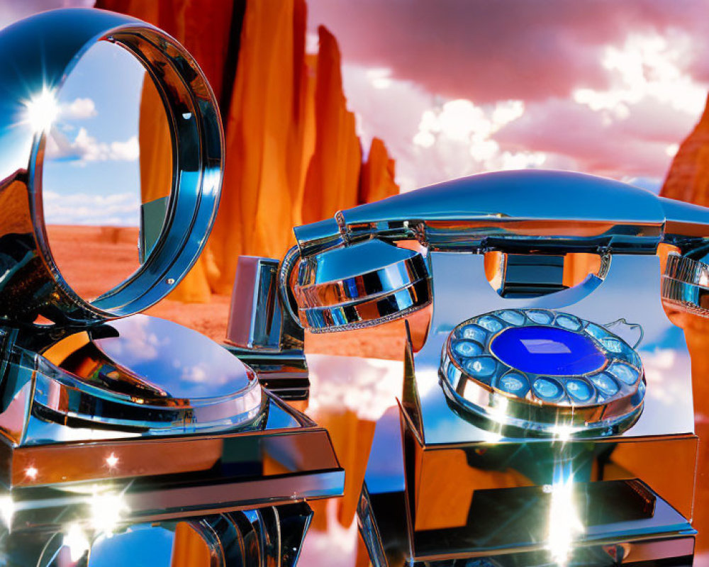 Reflective rotary phone on mirrored surface in surreal desert landscape