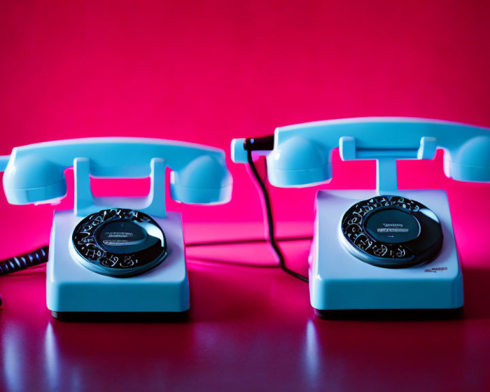 Vintage Aqua and Pink Rotary Phones on Red Background with Handsets Off-Hook