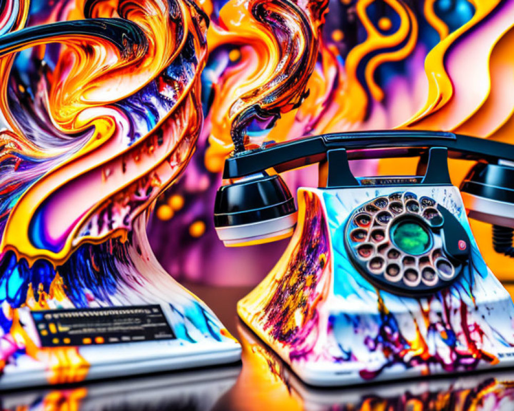 Colorful Vintage Rotary Telephone on Psychedelic Background