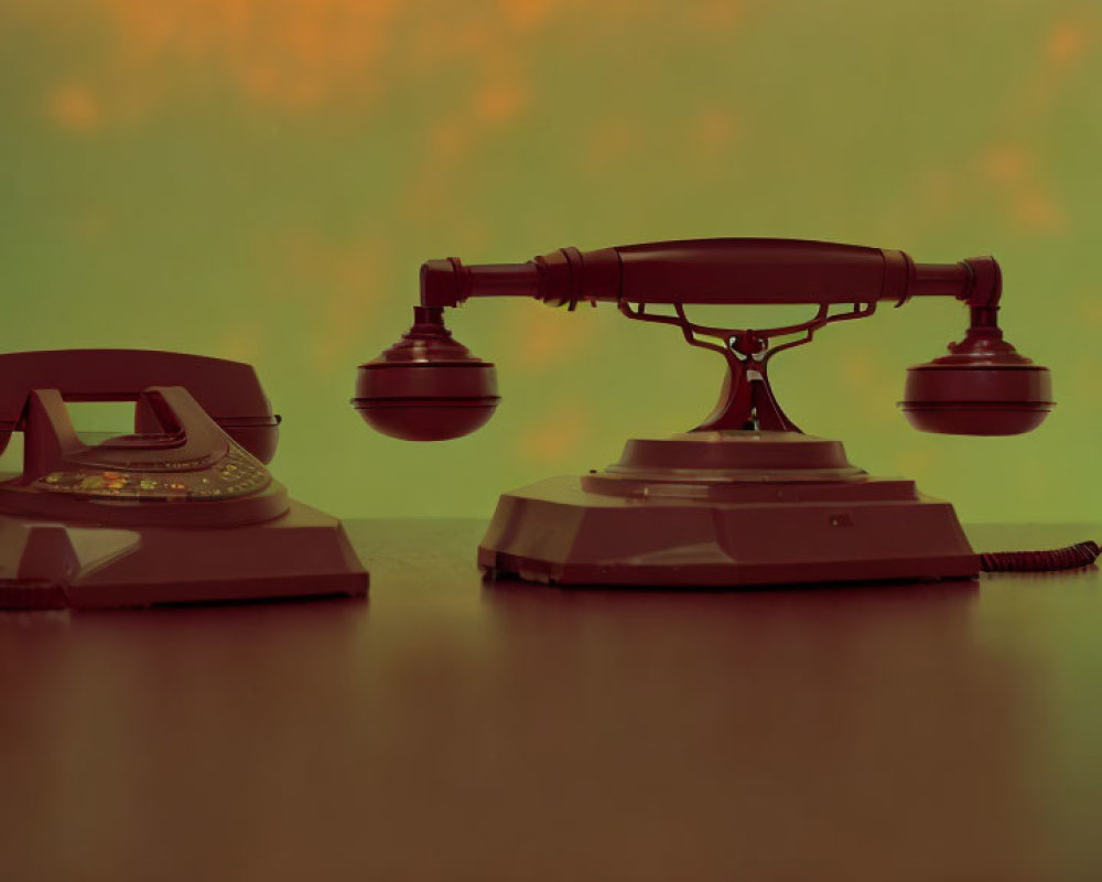 Vintage Telephones on Table with Amber Overlay and Bokeh Lights