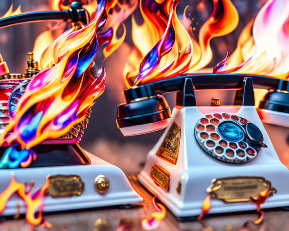 Vintage Telephone Engulfed in Realistic Flames on Wooden Surface