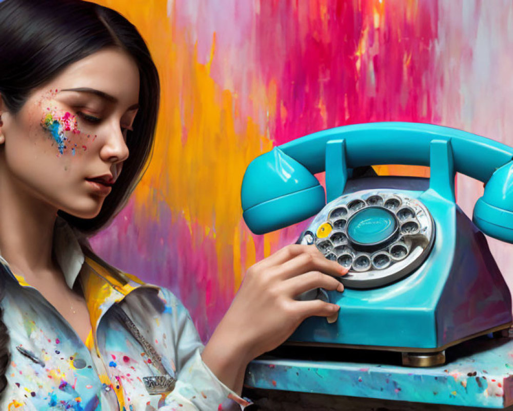 Woman with Braid and Face Paint Uses Blue Rotary Phone on Abstract Background