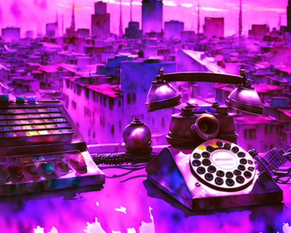 Vintage rotary phone and switchboard in purple cityscape illustration