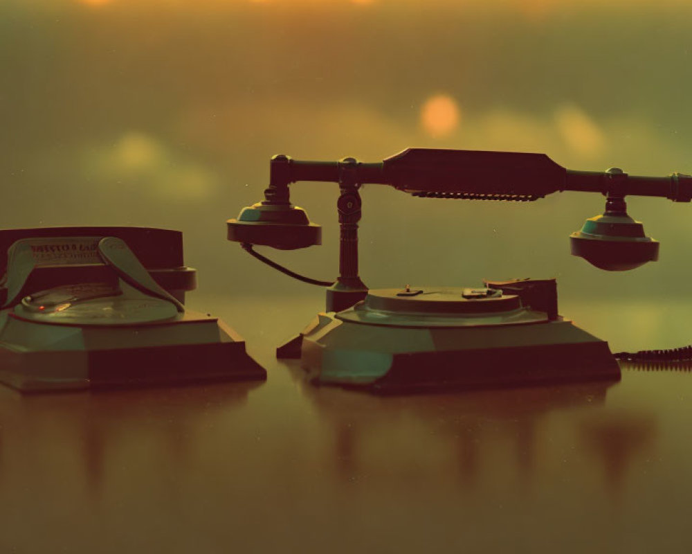 Vintage Telephone and Desk Lamp on Warm, Blurred Background