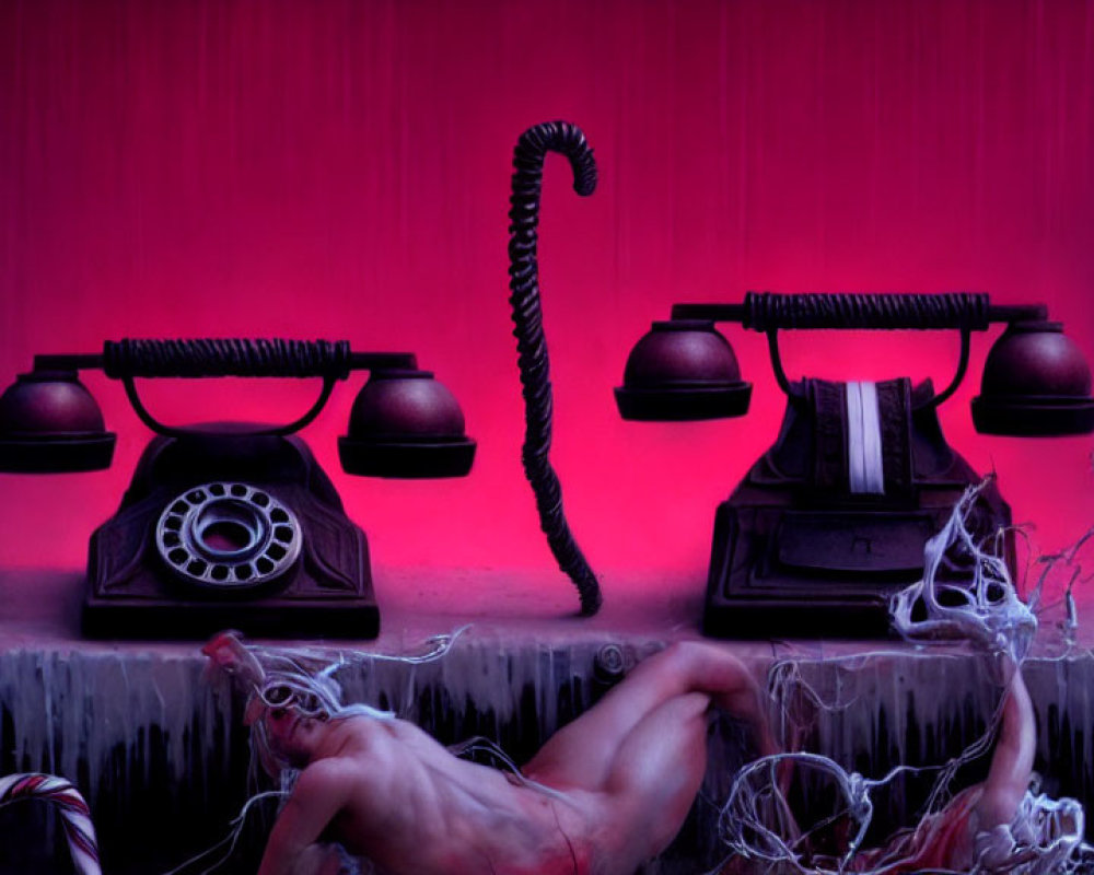 Three vintage telephones with twisted cords under pink and purple light on a surreal surface.