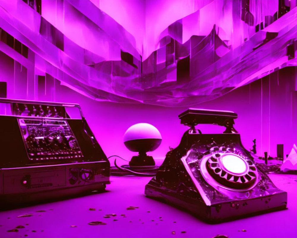 Retro-futuristic scene with pinball machine, rotary phone, crystal ball in purple light.