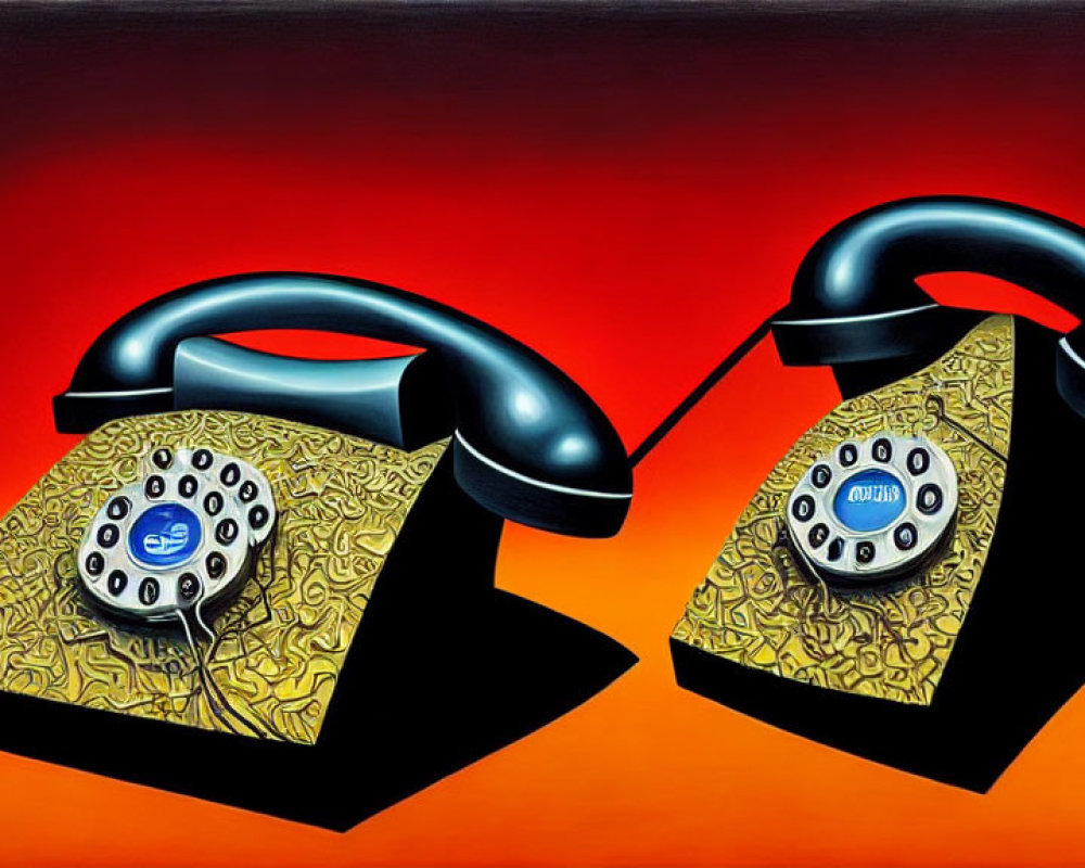 Vintage rotary dial telephones facing each other on red and orange gradient background