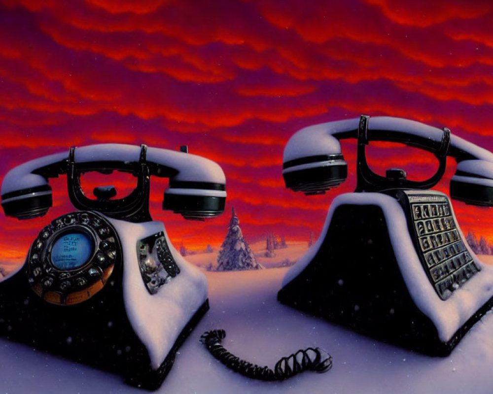 Vintage telephones in snowy landscape under red-orange twilight sky