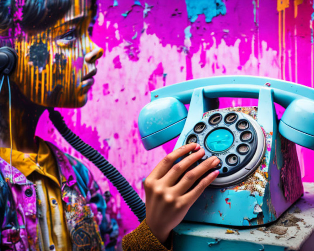 Colorful Street Art Mural of Girl with Headphones and Retro Phone