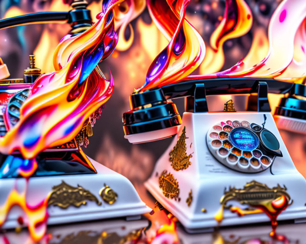 Surreal Artwork: Vintage Telephones in Vibrant Flames