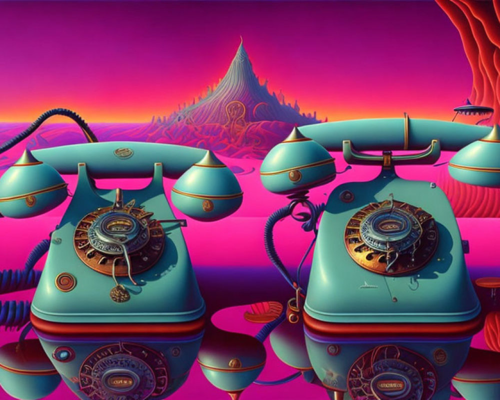 Surreal artwork of vintage rotary telephones with tentacle-like cords on reflective surface against alien landscape