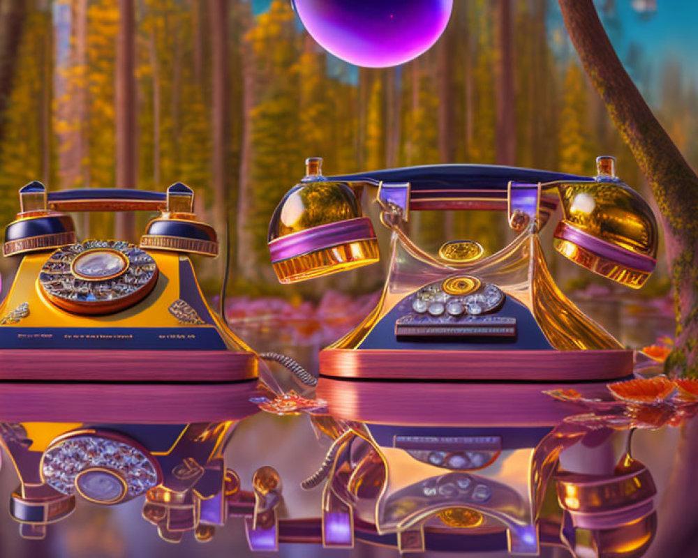 Vintage telephones on books in surreal autumn forest with purple orbs, reflective surface, and warm lighting