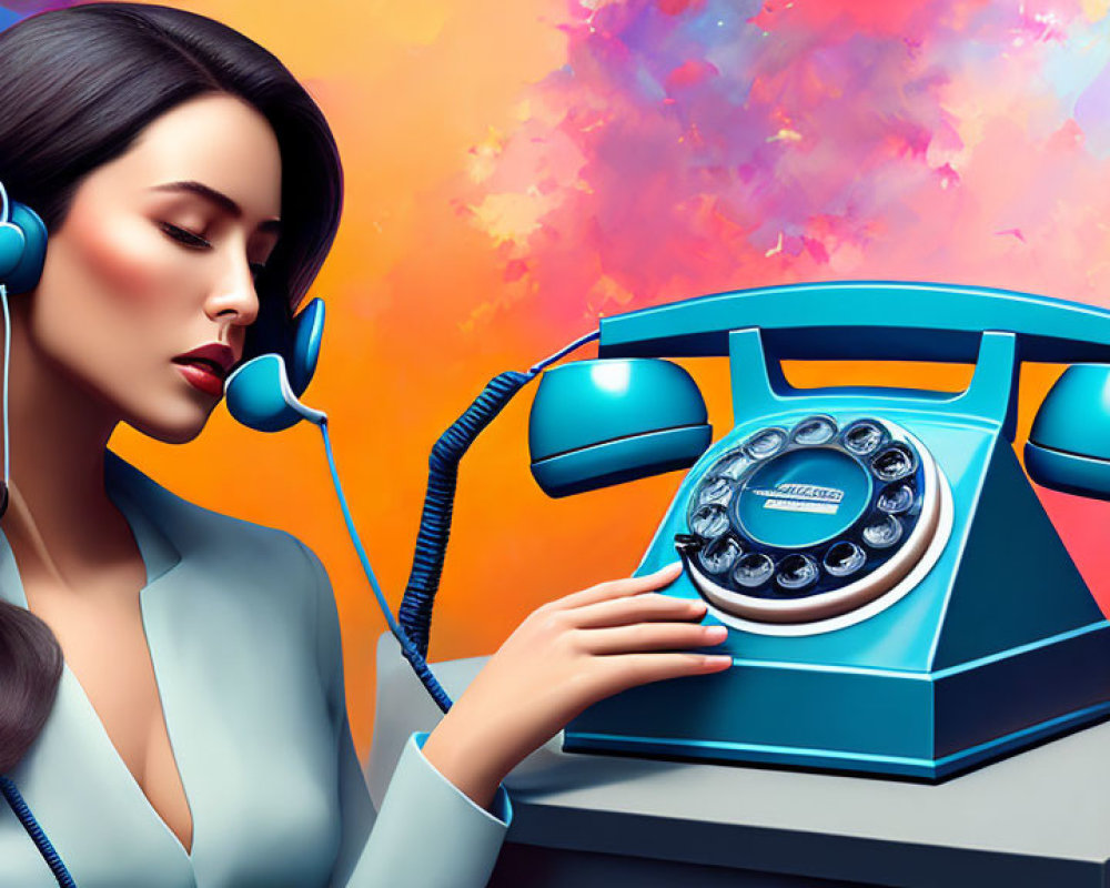 Illustration of woman with headset on vintage rotary phone against abstract background