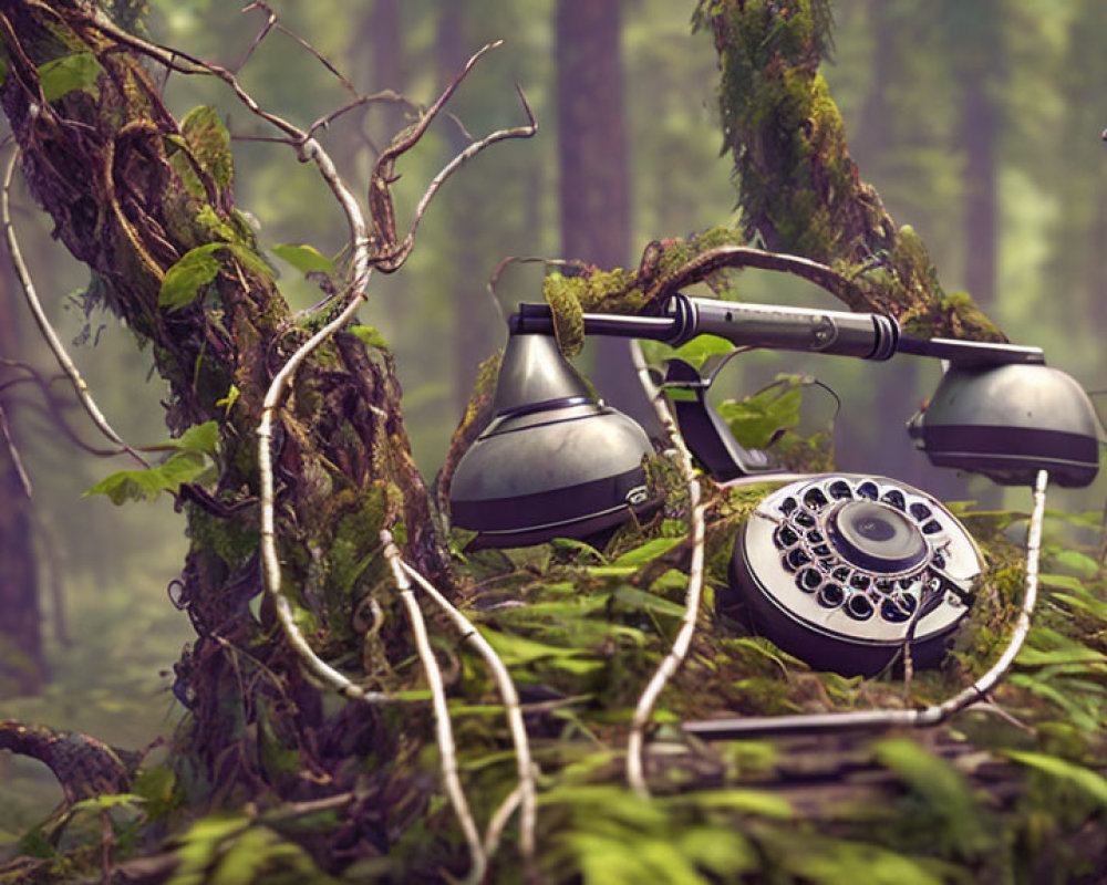 Vintage rotary telephone covered in vines in misty forest