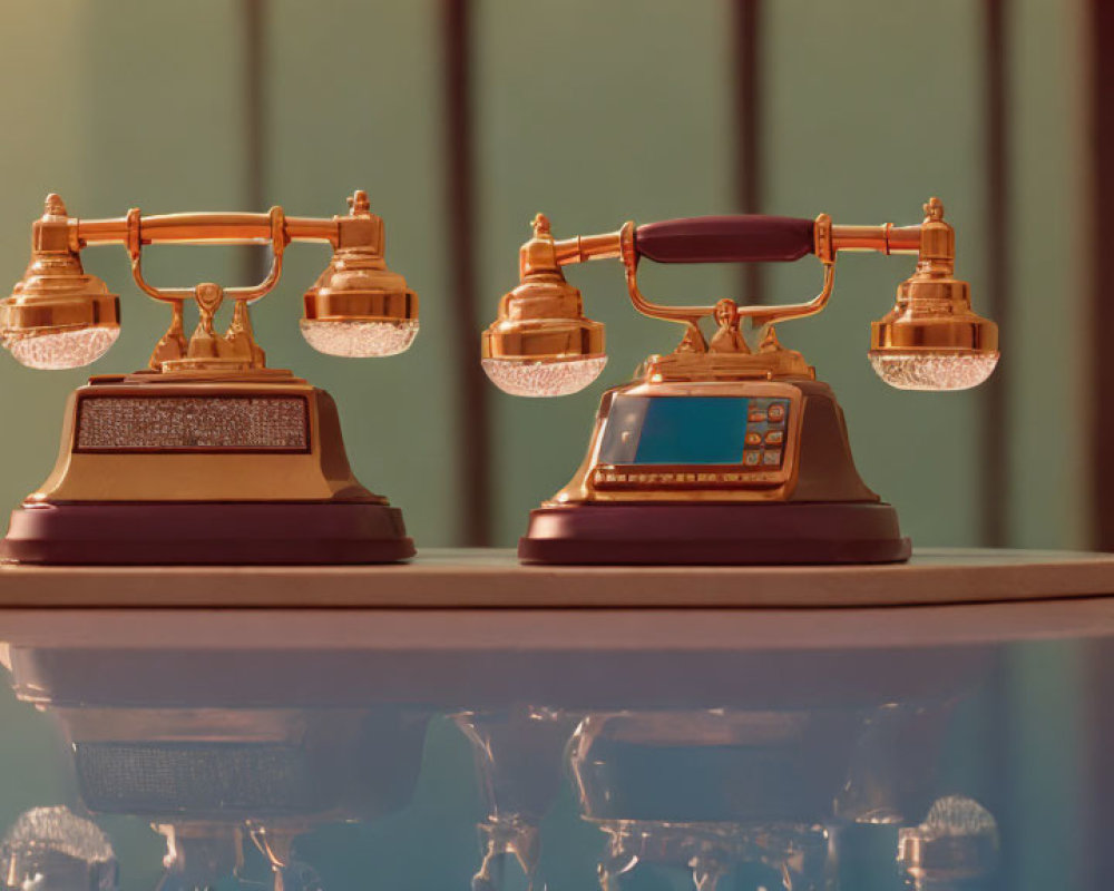 Vintage-Style Telephones with Gold Accents on Reflective Surface