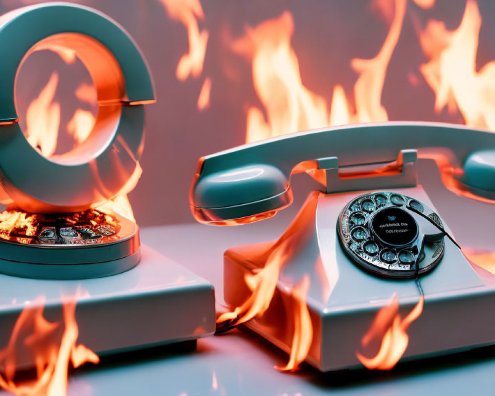 Vintage rotary telephone engulfed in flames on reflective surface