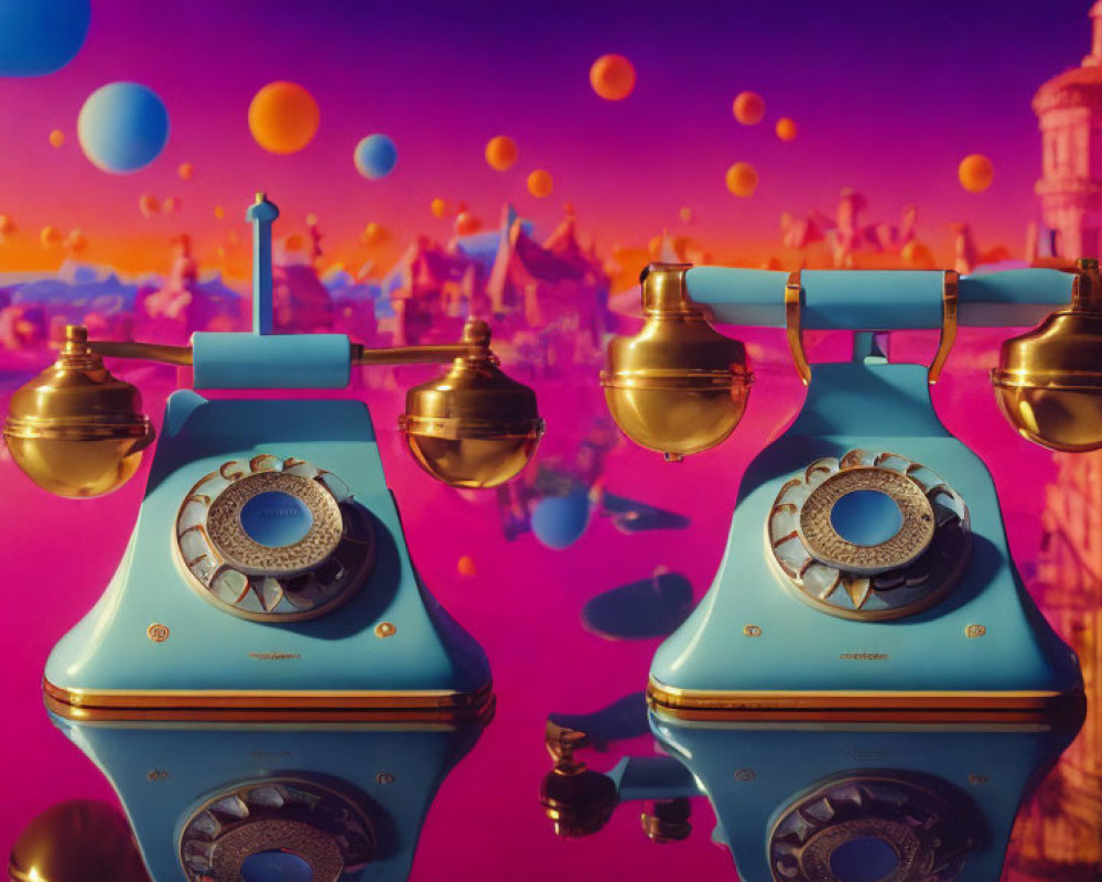 Vintage turquoise telephones with rotary dials in whimsical setting.