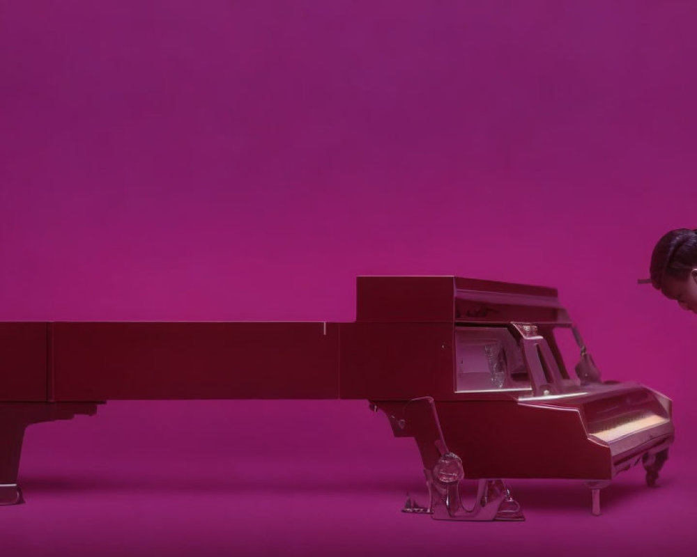 Child in leather jacket plays grand piano on magenta background