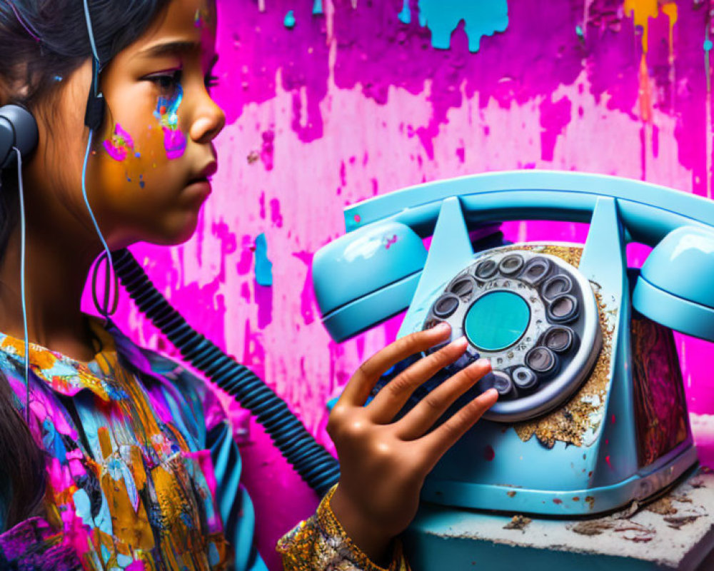 Girl with Painted Face Listening to Retro Blue Telephone in Vibrant Splattered Colors