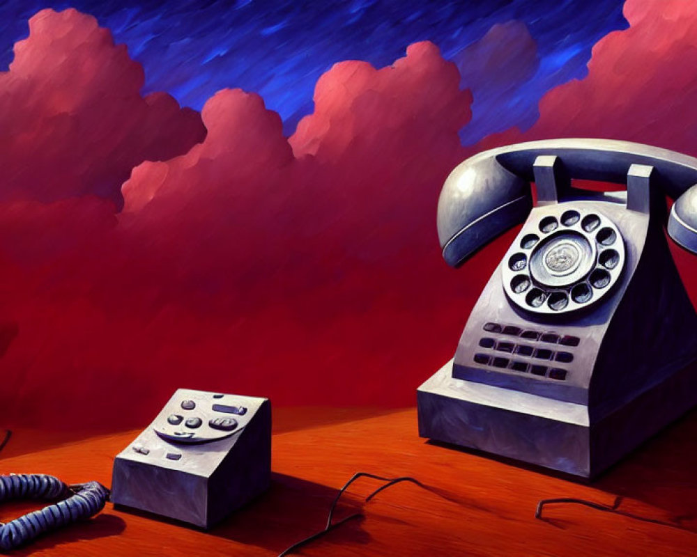 Vintage rotary phone and modern push-button phone on red surface under blue sky