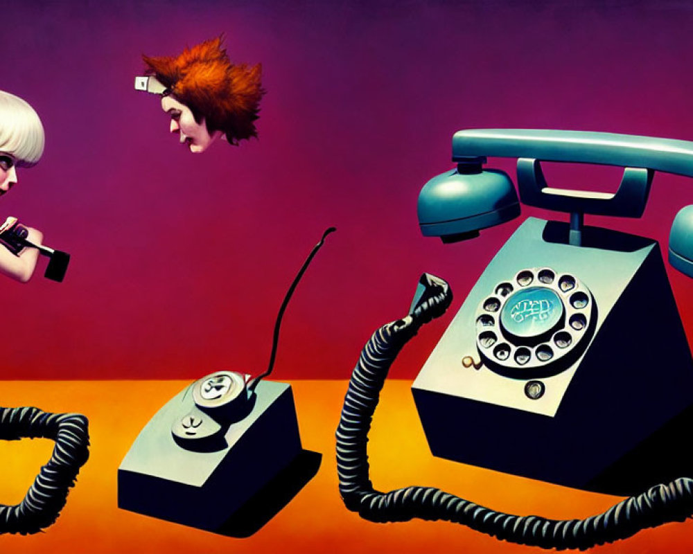 Surreal Artwork: Stylized Figures on Rotary Phones in Purple and Red Background