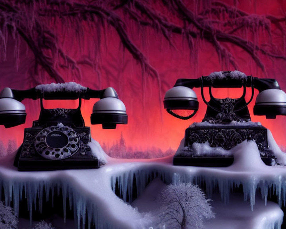 Vintage telephones in snow with icy trees and purplish-red sky