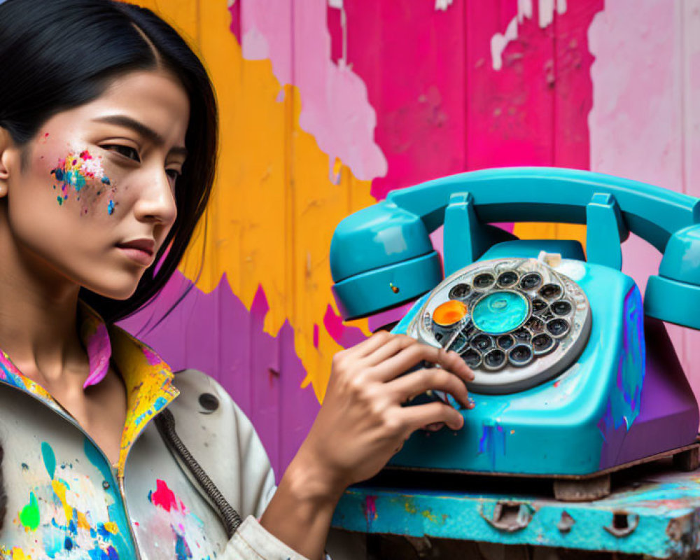 Woman with Paint Splatters Holding Retro Blue Rotary Phone on Graffiti Background