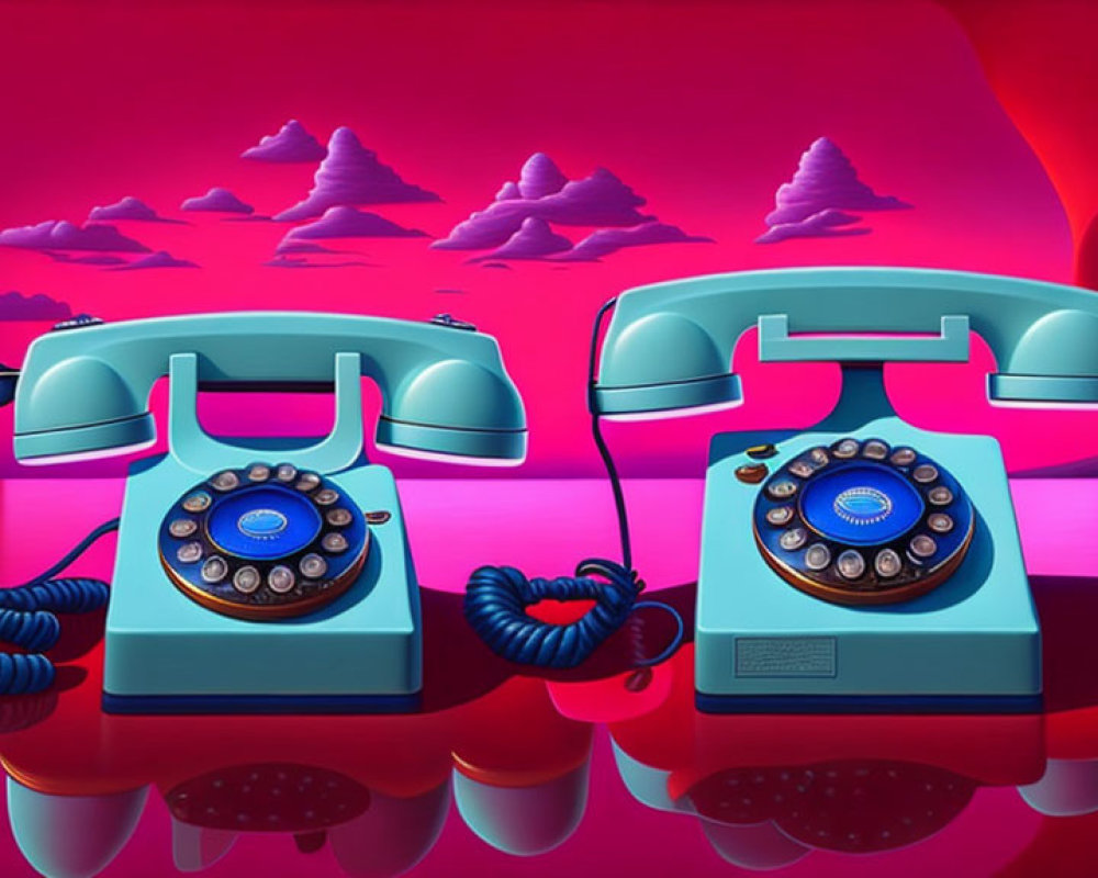 Vintage blue and pink rotary dial telephones on surreal pinkish-purple landscape