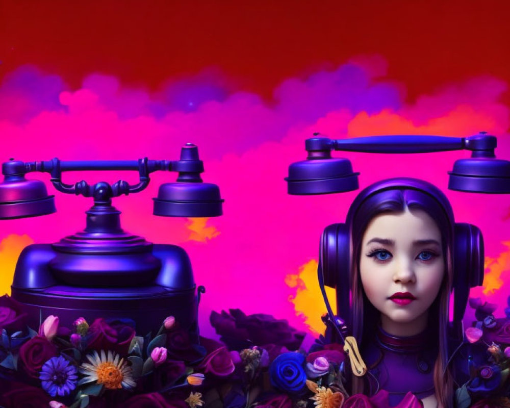 Surreal image of girl with headphones in floral, cloud, and telephone setting on red background