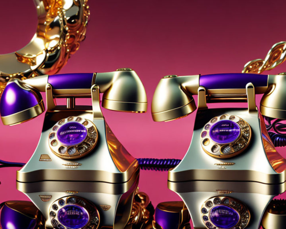 Vintage gold and purple telephones on pink surface with golden chains