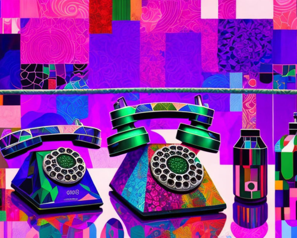 Vivid Abstract Art: Vintage Rotary Telephones & Colorful Shapes