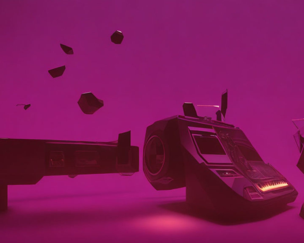 Camera parts floating on purple background with moody glow